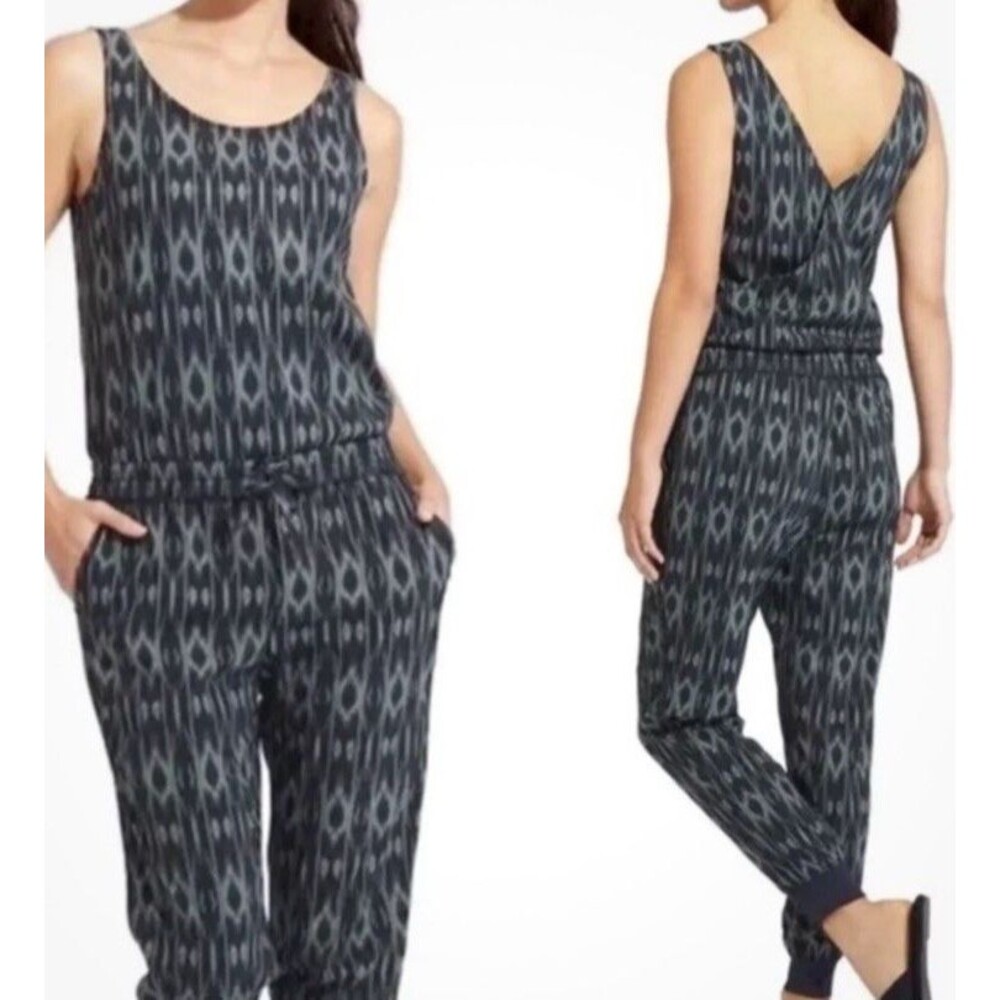 Athleta Ikat Sleeveless Jumpsuit Athletic Athleisure Jogger Navy Print Sz 12 - Picture 1 of 12